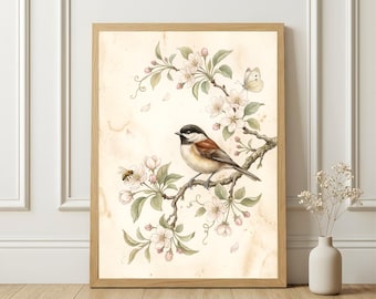 Vintage Bird Print Wall Art, Watercolor Painting, Botanical Illustration Nature Art, Farmhouse Style Cottage Aesthetic Nursery Design