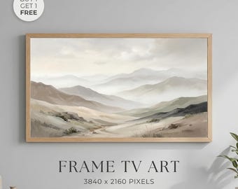 Neutral Mountain Landscape Wall Art Printable, Minimalist Beige Painting, Rustic Frame TV Art, Modern Desert Scenery Decor