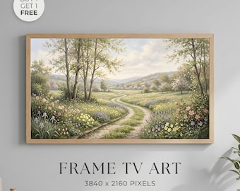 Spring Meadow Landscape Wall Art Printable, Wildflower Field Painting Frame TV Art, Cottagecore Floral Path Artwork, Pastel Nature Decor