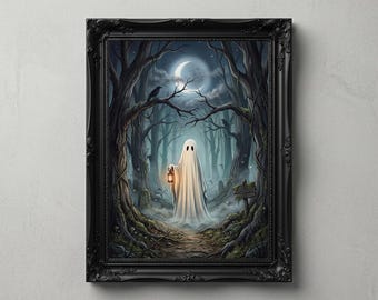 Ghost Lantern Forest Poster | Vintage Spooky Decor | Haunted Forest Lantern Print