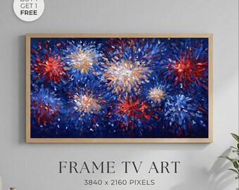 4th of July Samsung Frame TV Art, Fireworks Art for TV | Patriotic Red White and Blue Art, USA Independence Day Art | Red White Blue Art