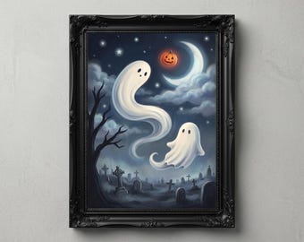 Cute Ghosts in Graveyard Poster | Halloween Moon Jack-o'-lantern | Vintage Spooky Wall Art