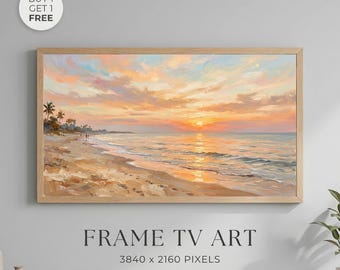 Sunset Beach Wall Art Printable, Coastal Ocean Landscape Painting, Tropical Frame TV Art, Pastel Seascape Home Decor Print
