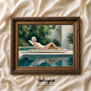 Könnte beinhalten: Ein gerahmter Kunstdruck mit einem Gemälde einer Figur in weißem Badeanzug und Kopfbedeckung, die auf einer Liege am Pool entspannt. Der Rahmen ist dunkelbronze und mit floralen Details verziert. Der Text OwnDesignLab ist unten zu sehen.