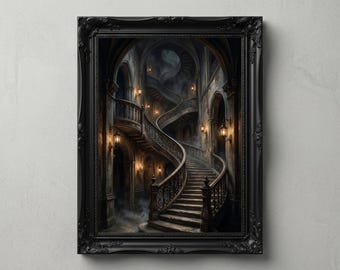 Gothic Staircase Wall Art Printable, Dark Academia Mansion Interior Print, Haunted Castle Architecture Decor, Moody Gothic Digital Download