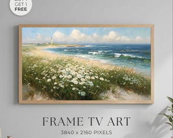 Coastal Lighthouse Beach Wall Art Printable, Ocean Dunes Daisy Painting, Beach House Decor, Seascape Digital Download, Samsung Frame TV Art