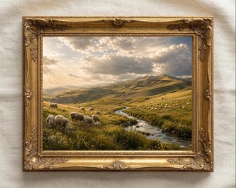 Sheep Meadow Wall Art Printable, Mountain Landscape Print, Rustic Farmhouse Decor, Countryside Nature Artwork, Digital Download