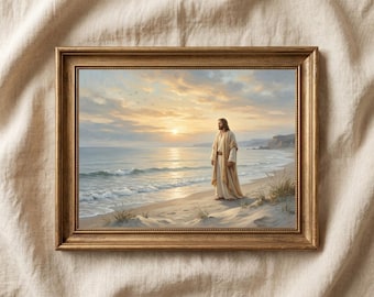 Jesus Beach Wall Art Printable, Christian Coastal Painting, Peaceful Ocean Sunset Artwork, Faith Inspired Beach House Decor