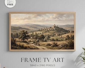 Vintage Landscape Wall Art, Italian Countryside Painting Frame TV Art, Rustic Village Scenery, Farmhouse Decor, Panoramic Nature Art