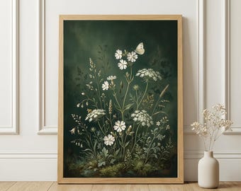 Wildflower Wall Art Printable, Moody Botanical Floral Print, Vintage Cottagecore Flower Artwork, Dark Nature Decor