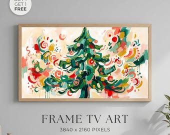 Abstract Christmas Tree Wall Art Printable, Modern Festive Painting Frame TV Art, Colorful Holiday Canvas, Minimal Xmas Decor
