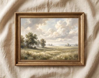 Pastoral Landscape Wall Art Printable, Neutral Farmhouse Meadow Print, Rustic Countryside Painting, Country Landscape, Digital Download
