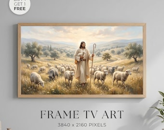 Jesus Good Shepherd Wall Art Printable, Christian Landscape Frame TV Art, Religious Jesus with Sheep Paint, Faith Farmhouse Decor, Bible Art