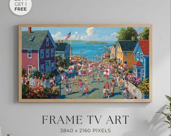 Patriotic Coastal Village Frame TV Art, Americana Beach Town Decor, Fourth of July Painting, Samsung Frame TV Art, Digital Download
