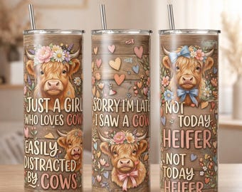 Cow Tumbler Wrap 20oz Skinny Tumbler Design, Highland Cow Sublimation PNG, Funny Cow Lover Gift, Farm Animal Country Tumbler Wrap