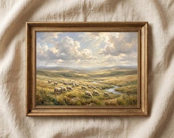 Sheep Meadow Wall Art Printable, Pastoral Landscape Print, Rustic Farmhouse Decor, Countryside Painting, Digital Download