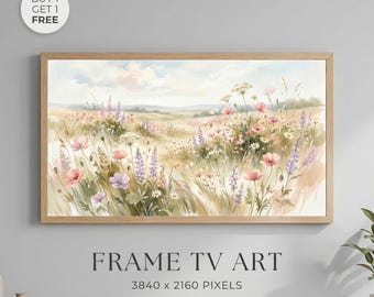 Pastel Wildflower Meadow Wall Art Printable, Cottagecore Floral Landscape Painting, Romantic Frame TV Art, Soft Botanical Decor