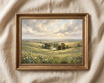 Spring Scenery Landscape Print, Summer Printable Wall Art, Farmhouse Decor, Flower Field Landscape Oil Painting, Digital Download