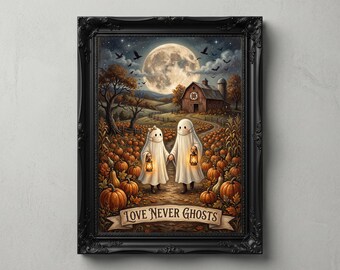 Halloween Ghost Couple Poster, Vintage Pumpkin Patch Art, Rustic Farmhouse Fall Decor, Spooky Autumn Print