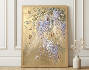 Wisteria Wall Art Printable, Purple Floral Botanical Print, Butterfly Garden Artwork, Vintage Cottagecore Decor