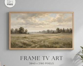 Neutral Meadow Landscape Wall Art Printable, Rustic Countryside Painting, Minimalist Frame TV Art, Vintage Farmhouse Decor