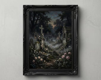 Gotische begraafplaats muur kunst afdrukbare, Haunted kerkhof schilderij, Dark Academia Halloween decor, humeurige Victoriaanse grafkunst