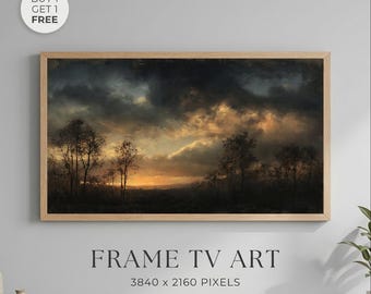 Moody Storm Sunset Wall Art Printable, Dark Landscape Oil Painting, Dramatic Sky Print, Rustic Nature Decor, Vintage Samsung Frame TV Art
