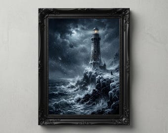Afdrukbare kunst aan de muur gotische vuurtoren, Dark Academia kustschildering, humeurig winter oceaan decor, stormachtige zee fantasiekunstwerken