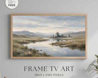 Neutral River Landscape Wall Art Printable, Misty Meadow Painting, Rustic Frame TV Art, Minimalist Nature Scenery Decor