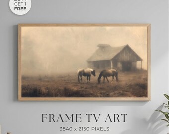 Foggy Horse Pasture Wall Art Printable, Rustic Farmhouse Barn Paint, Moody Country Landscape, Vintage Equestrian Decor, Samsung Frame TV Art