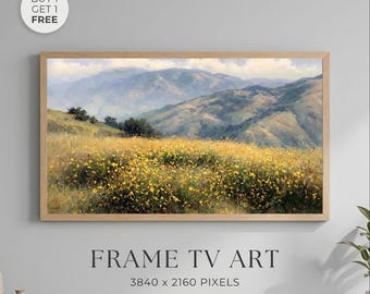 Golden Wildflower Meadow Wall Art Printable, Impressionist Mountain Landscape Painting, Rustic Farmhouse Nature Decor, Frame Samsung TV Art