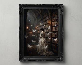Dark Academia Library Wall Art afdrukbare, print van gotische vrouw met vlinders, humeurig vintage boekenkast decor, gotische fantasie digitale download