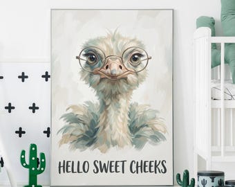 Hello Sweet Cheeks Ostrich Poster, Cute Comedy Animal Poster, Funny Ostrich Print, Comical Funny Poster, Quote Design