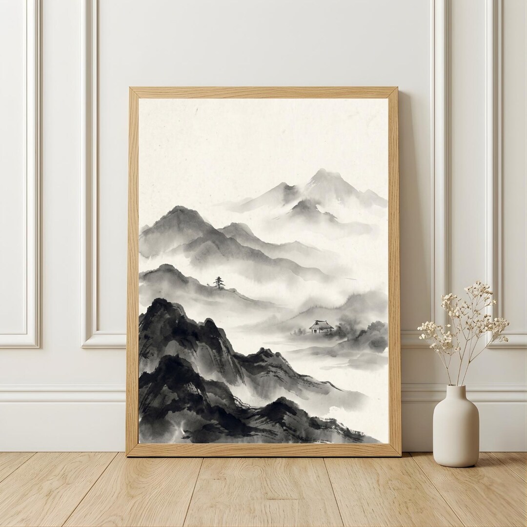 Minimalist Japanese Ink Landscape Printable, Zen Mountain Wall Art ...