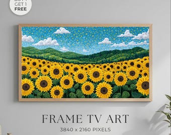 Lámina decorativa para pared con diseño de campo de girasoles, pintura de paisaje floral brillante, decoración de pradera veraniega, arte rústico campestre, arte para marco de TV Samsung
