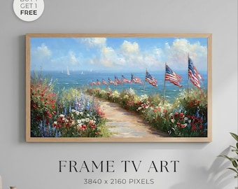Patriotic Coastal Garden Wall Art Printable, American Flag Beach Landscape, 4th of July Independence Day Decor, Summer Frame Samsung TV Art