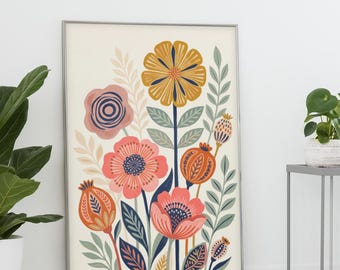 Colorful Botanical Wall Art, Floral Flower Print, Boho Vintage Decor, Modern Cottagecore Wall Decor, Garden Art Print
