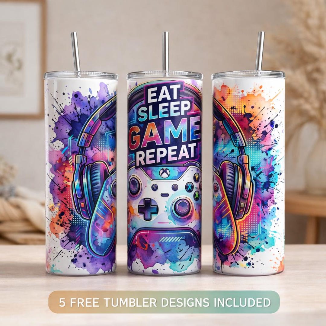 Gaming Tumbler Wrap 20oz Skinny Tumbler Sublimation PNG, Eat Sleep Game ...