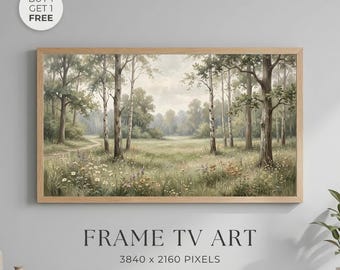 Vintage Forest Meadow Wall Art, Soft Woodland Landscape Frame TV Art, Neutral Nature Painting, Cottagecore Rustic Decor, Calm Scenic Art