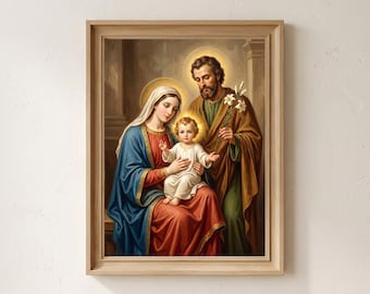 Holy Family Wall Art, Virgin Mary Jesus and Saint Joseph Catholic Art Print, Christian Religious Decor, Digital Download