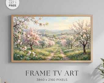 Cherry Blossom Landscape Wall Art Printable, Spring Floral Meadow Painting, Romantic Frame TV Art, Cottagecore Nature Decor