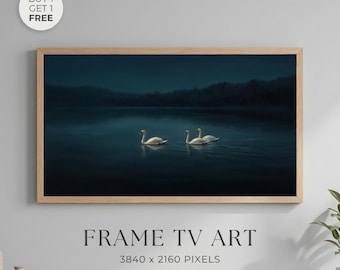 Swan Lake Wall Art Printable, Dark Moody Nature Frame TV Art, Minimalist Night Water Landscape, Elegant Bird Artwork, Modern Calm Decor