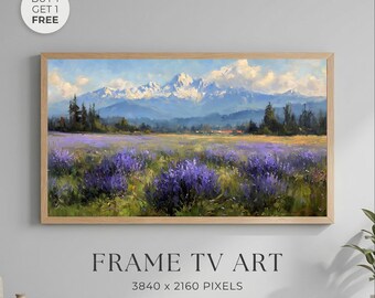 Lavender Field Mountain Wall Art Printable, Snowy Alpine Landscape Painting, Impressionist Wildflower Meadow Decor, Samsung Frame TV Art