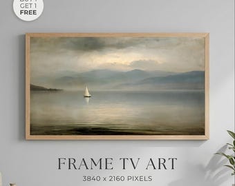 Rustic Lake Landscape Frame TV Art, Sailboat Coastal Decor, Moody Neutral Seascape (Digital Download)