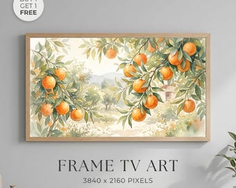 Orange Tree Wall Art Printable, Mediterranean Citrus Painting, Rustic Kitchen Decor, Vintage Orchard Frame TV Art, Botanical Fruit Print