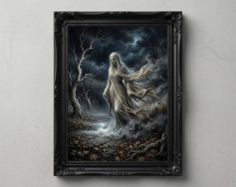 Dark Gothic Ghost Wall Art afdrukbare, spookachtige geest schilderij, humeurig halloween decor, vintage horror artwork print