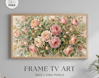 Blush Pink Rose Wall Art Printable, Romantic Floral Bouquet Painting, Cottagecore Frame TV Art, Vintage Botanical Decor Print