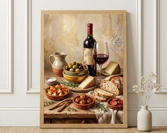 May include: A framed still life painting depicts a rustic table laden with food and drink. A bottle of red wine, a glass of wine, olives, cheese, bread, and small bowls of food are arranged on the table. The artwork has a warm, inviting color palette.