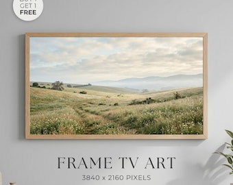 Neutral Meadow Landscape Wall Art Printable, Minimalist Countryside Painting, Rustic Frame TV Art, Beige Nature Decor Print