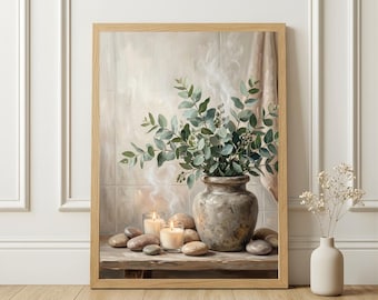 Eucalyptus Spa Wall Art Print, Botanical Wellness Painting, Zen Bathroom Decor, Neutral Greenery Still Life Artwork